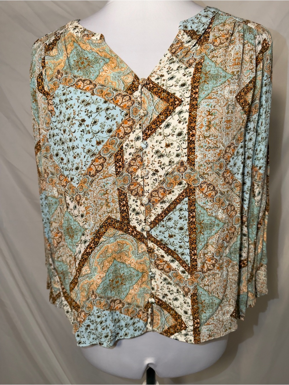 Rose + Olive Boho Patchwork Paisley V-Neck Button-Front Blouse Peasant Top